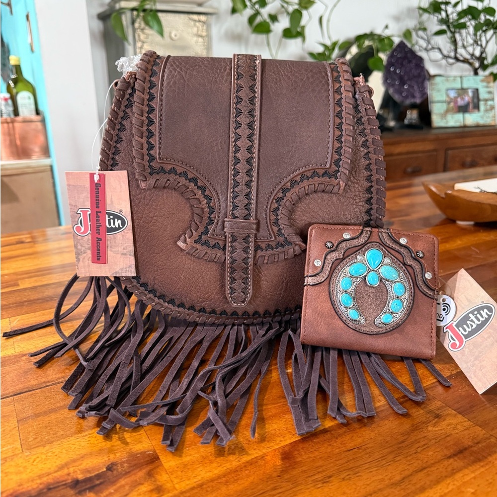 Justin Boots Brown Leather Crossbody with Fringe